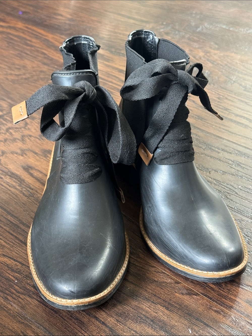 Bernardo Black Lace-Up Ankle Rain Boots with Contrast Welt